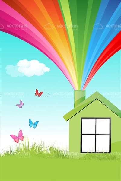 Illustrated Greenhouse with Rainbow Coming out of Chimney